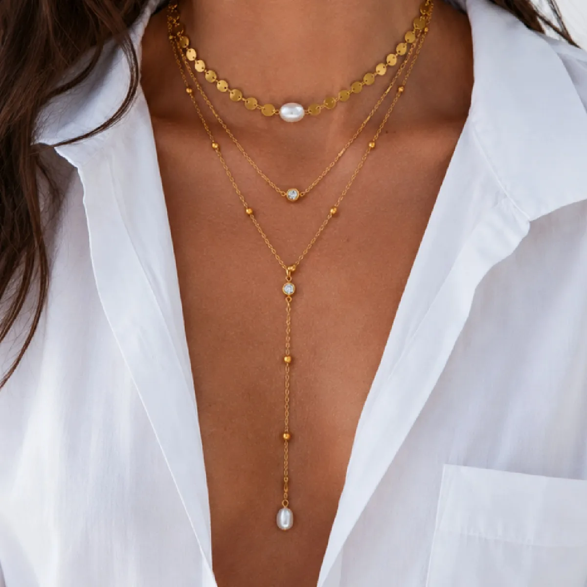 18K Gold Plated Stainless Steel Pearl Sequin Disc Choker CZ Y Lariat Necklace Layered Chain Necklace Set Women Jewelry