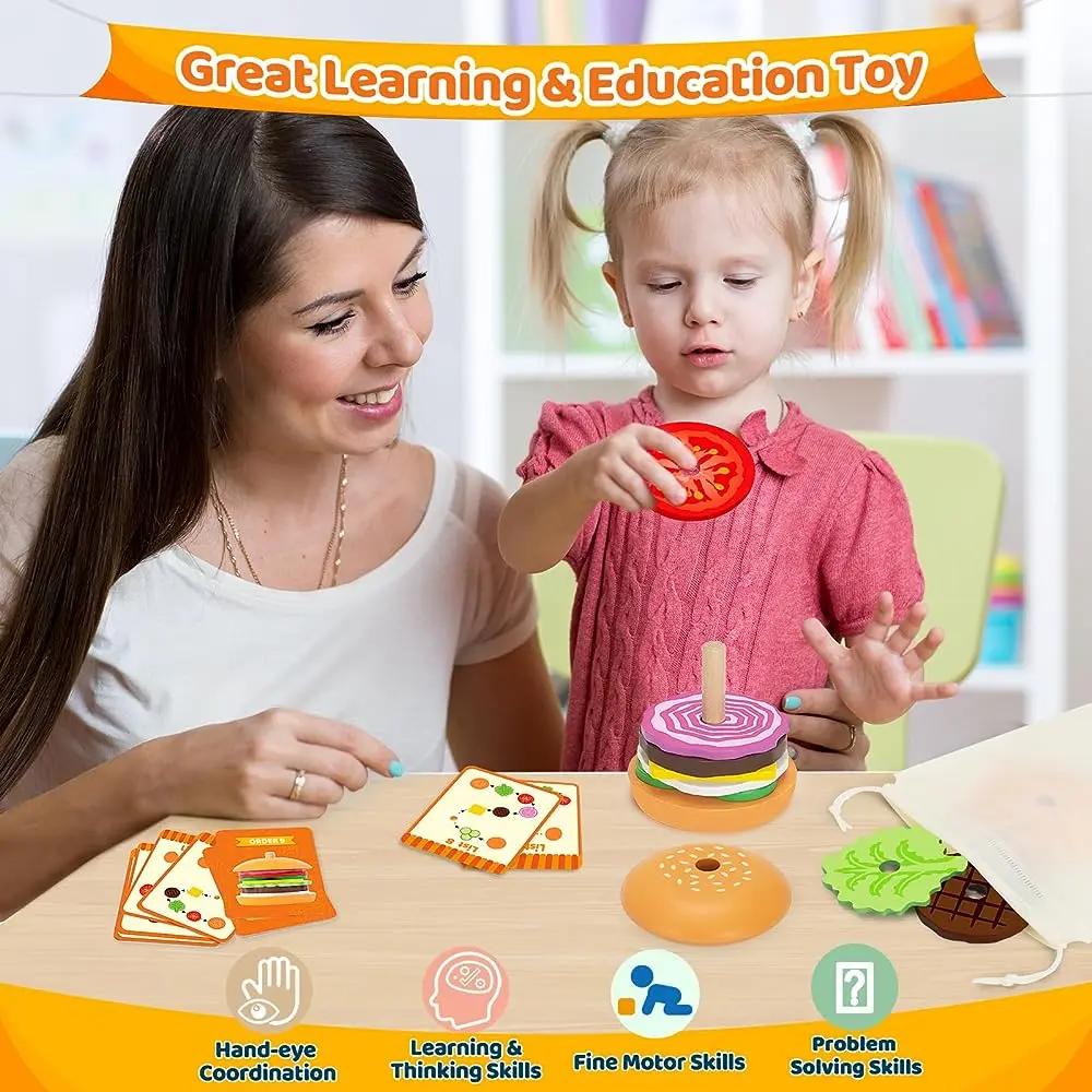 Montessori Wooden Burger Stacking Toys For Toddler Kids Preschool Learning Educational Toys Fine Motor Skill Kitchen Toys Gift