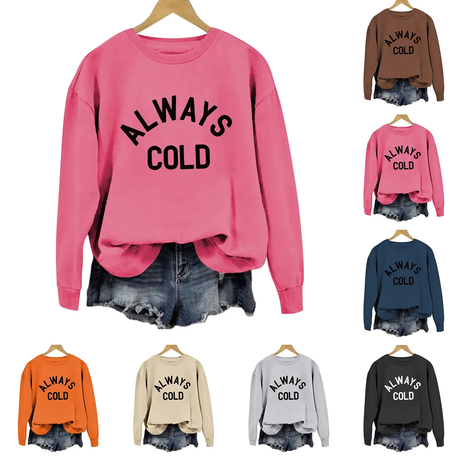 Women's ALWAYS COLD Letter Casual Loose Round Neck Long Sleeve Hoodless Sweatshirt Crop Sweater Women Jacket Active Wear Women