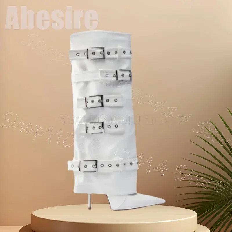 

White Belt Fastener Pointed Toe Turned Over Boots Slip On Women Shoes Thin High Heels Sexy Party Feast 2025 Zapatos Para Mujere