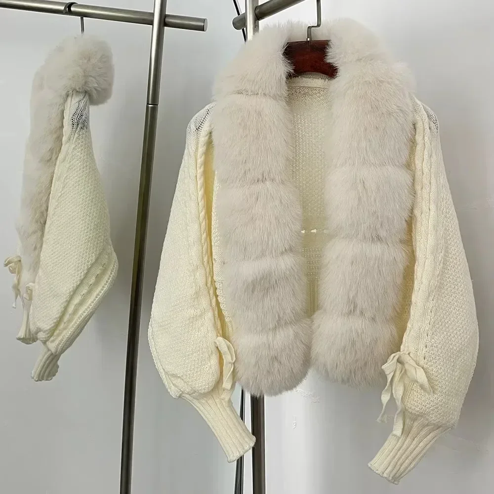 

Faux Fur Coat Eco-friendly Fake Fur Collar Cropped Cardigan Knitted Sweater Women Autumn Oversize Short Knitwear Fur Coat Female