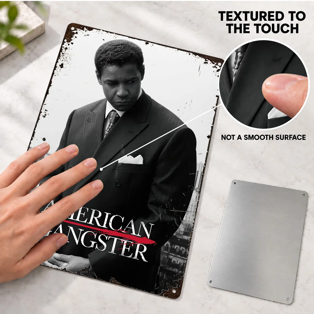 American Gangster Textured Metal Poster Customized Aluminum Sign Black And White Portrait Illustration Wall Art For Media Room