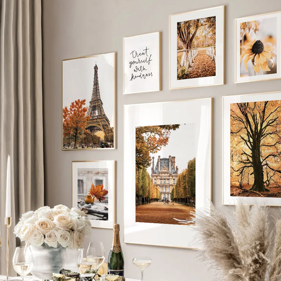 Canvas Painting Autumn Paris Towel Fallen Leaves Avenue Flower Posters Prints Nordic Wall Art Pictures For Living Room Decor