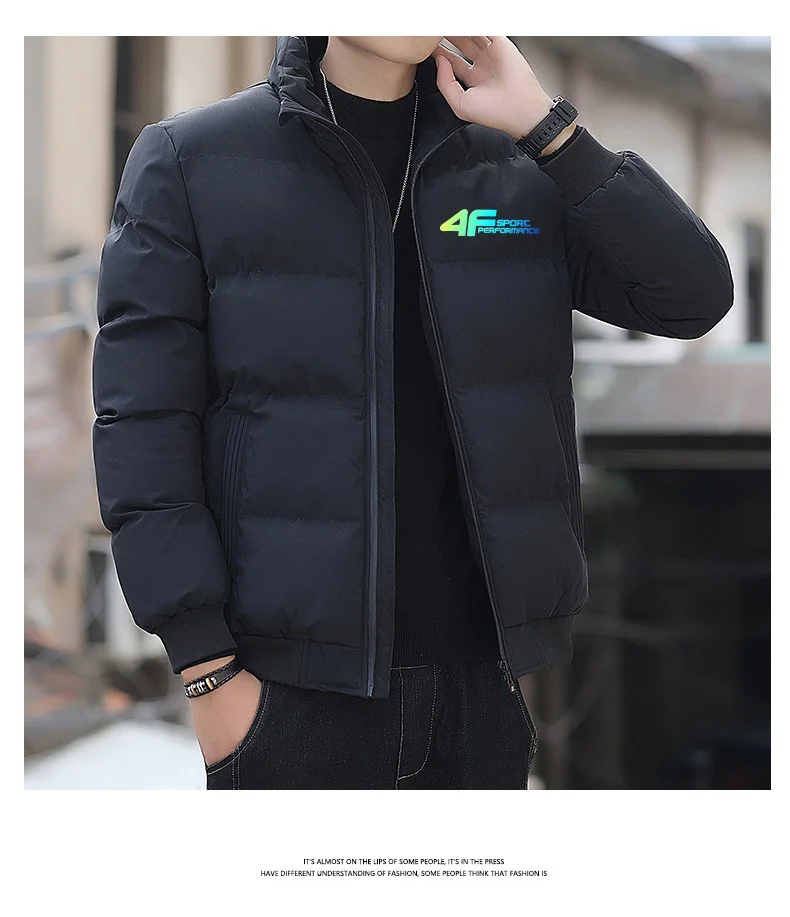 

Новая зимняя мужская теплая хлопковая куртка 2025 года, повседневная и модная куртка на молнии с двойным карманом и воротником-стойкой, модный принт