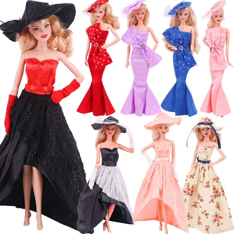 2023Princess Dress Barbies Fashion Evening Dress+Formal Hat Handmade Doll Clothes Suit For 30cm Doll Accessories Diy Girl's Gift