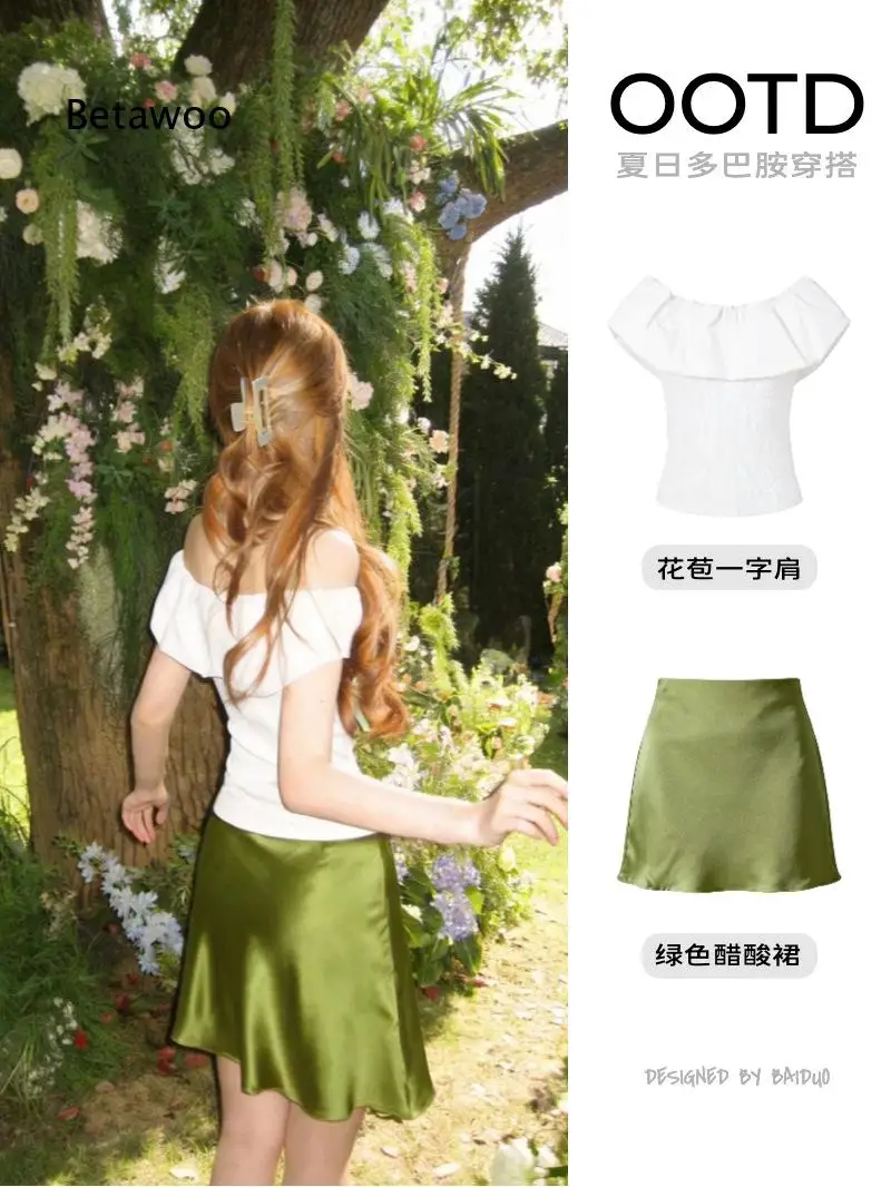 Women French Style Satin Texture Green Short Skirt High Waist A Line Hip Wrapping Skirt Elegant Appearance For Dating And Daily