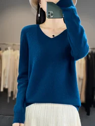 New 100% Merino Wool Pullover Women's Knitting Sweater V-Neck Solid Color Loose Classic Style Long Sleeved Soft Clothing Tops