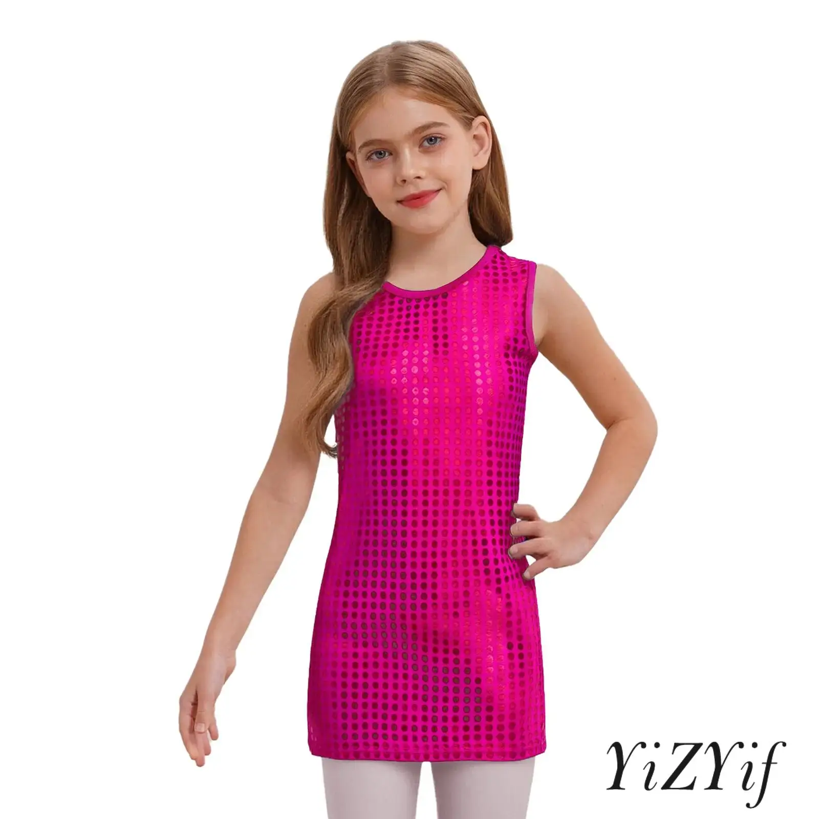 

Kids Girls Metallic Dots Tank Dress Jazz Dance Dress Round Neck Sleeveless A-line Dress Modern Lyrical Dance Performance Costume