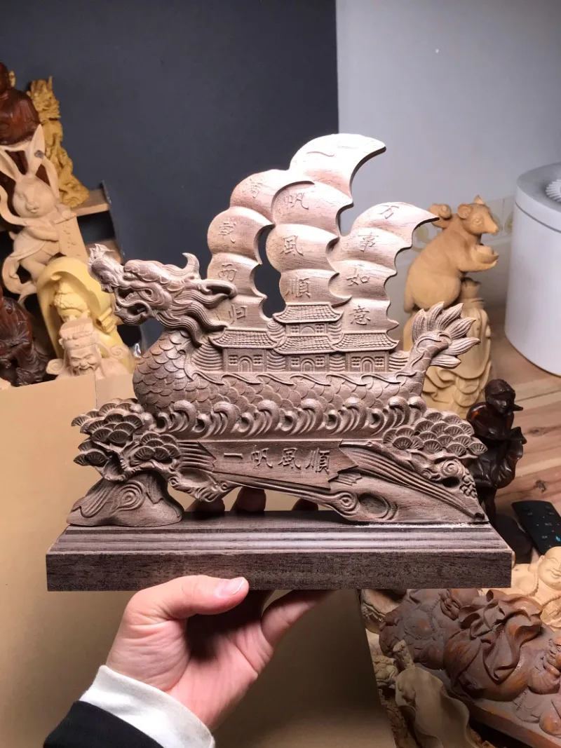 

Hand Carved Vietnam Agarwood Wooden Dragon Boat Statue Sculpture Smooth Sailing Feng Shui Prosperity Ornament Home Office Decor