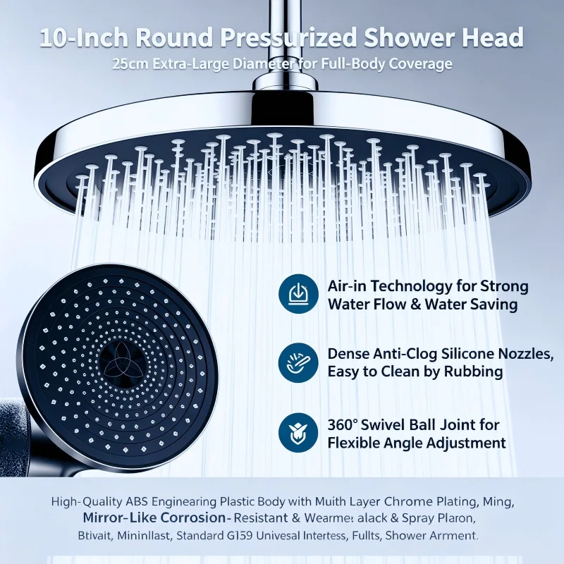 25cm Large Top Shower Head High Flow Pressurized Bathroom Shower Sprayer Single Head for Home Use