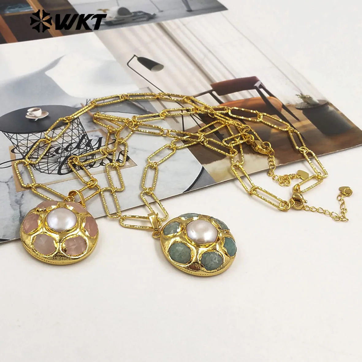 

WT-N1493 Новое поступление, круглое ожерелье с подвеской из камня и жемчуга с прямоугольной цепочкой, 18-каратное золото, гальваническое женское ювелирное изделие для вечеринок