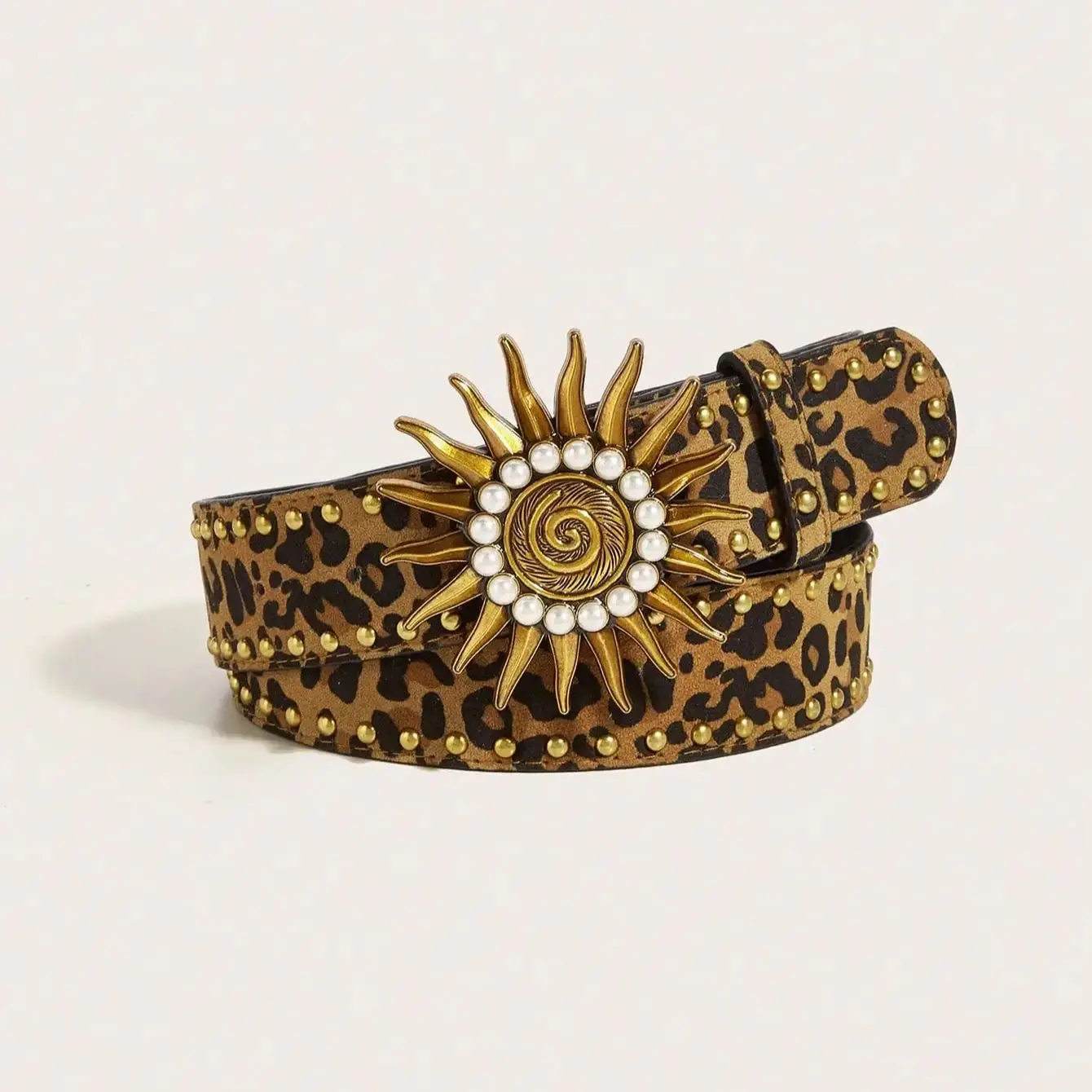 حزام جينز نسائي Y2K ذهبي فاتح فاخر وأنيق بإبزيم معدني من الشمس ببرشام ذهبي وطبعة الفهد، إكسسوار متعدد الاستخدامات