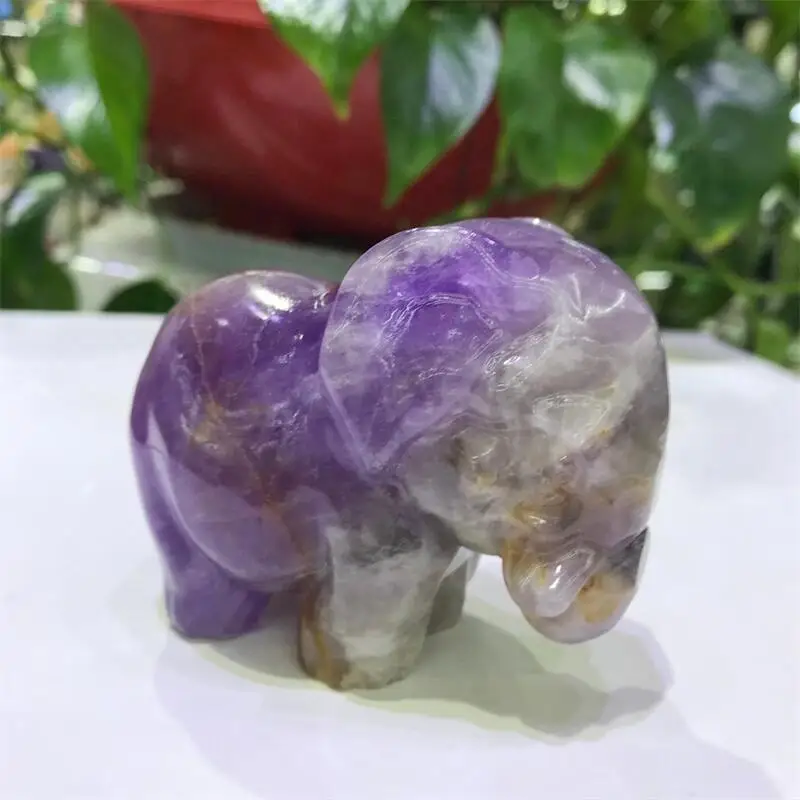 

Natural Dream Amethyst Elephant Crystal Carved Gemstone Animal Statue Healing Energy Stone Crafts For Home Decoration 1pcs