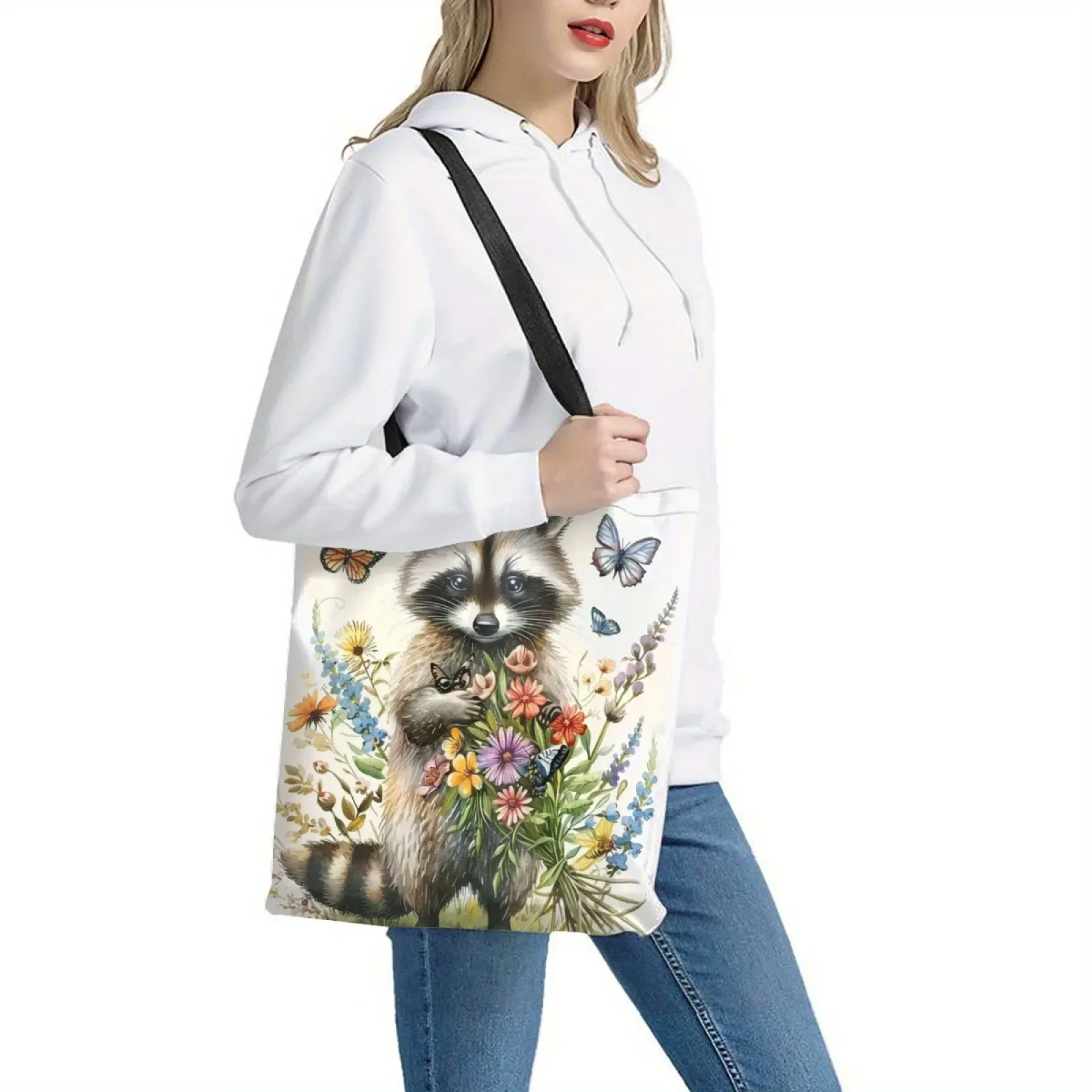 

1pc Tote Bag with Raccoon Butterfly Print Versatile Handbag for Shopping Gifts Women Handbag Eco Foldable Reusable Shopping Bag