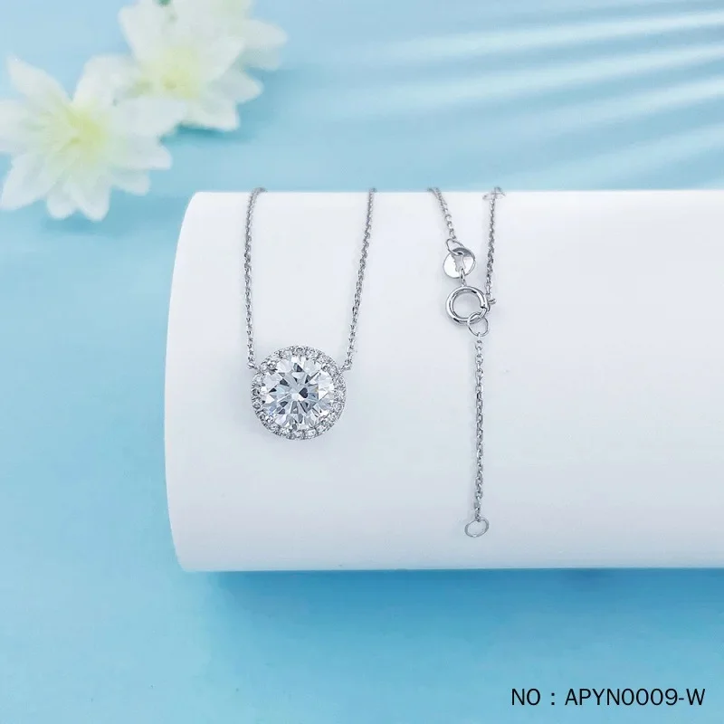 18K White Gold Round Lab Grown Diamond Necklace 2CT Main Stone With Side Stones Brilliant Unique Design for Women Luxury Gift