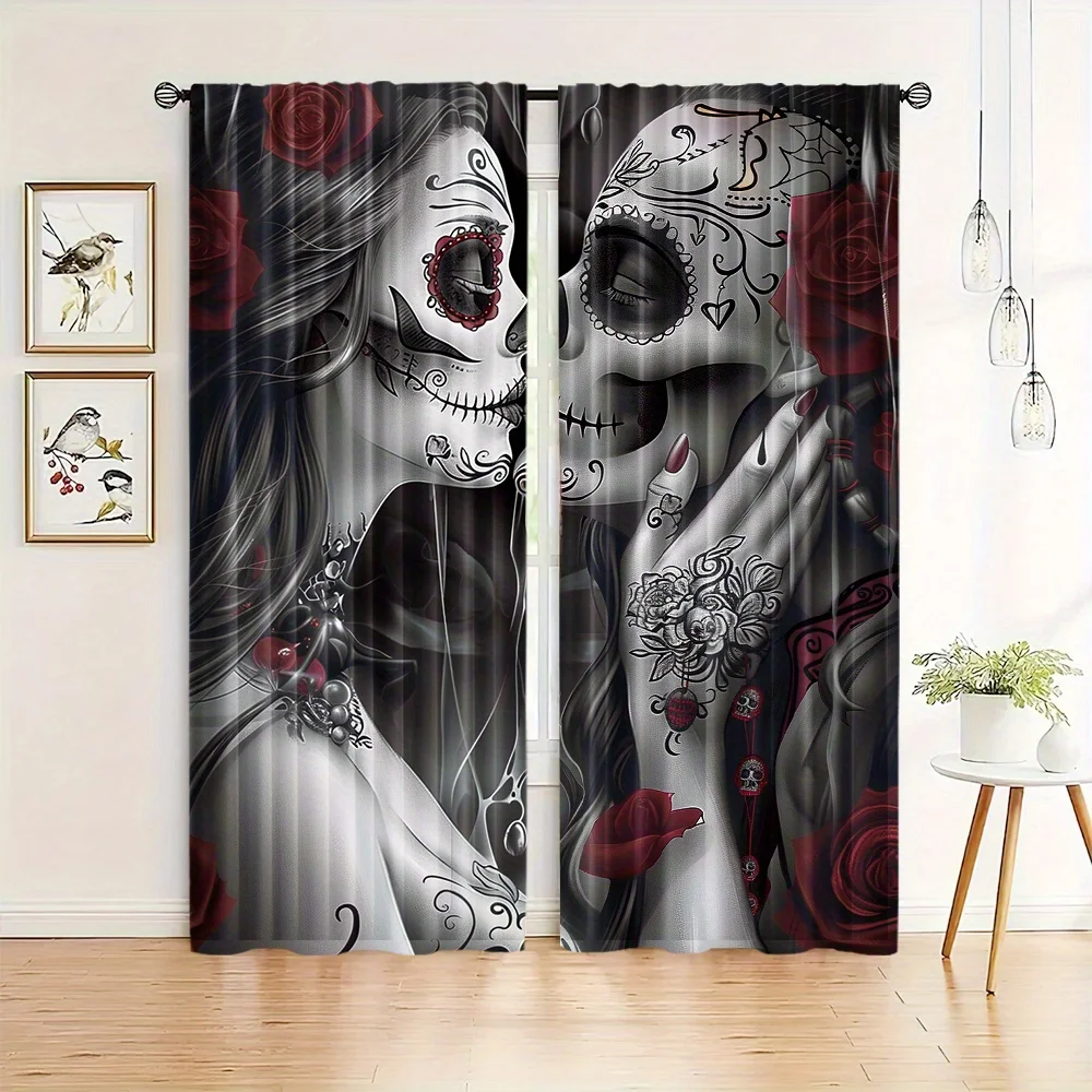 Day of the Dead Couple Curtain, Sugar Skull and Roses Window Drapes, Gothic Halloween Decor for Bedroom Living Room