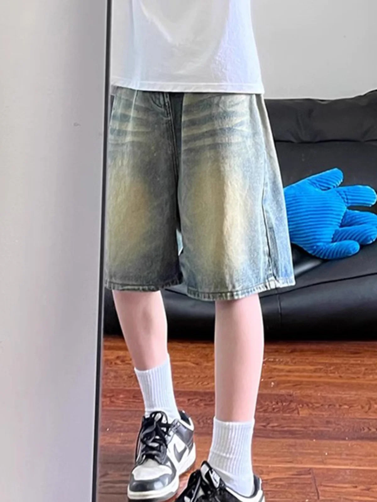 

Cleanfit Vintage Blue Jeans Shorts Men's Summer American Trendy Brand Washed Gradient over Knee Five-Point Pants