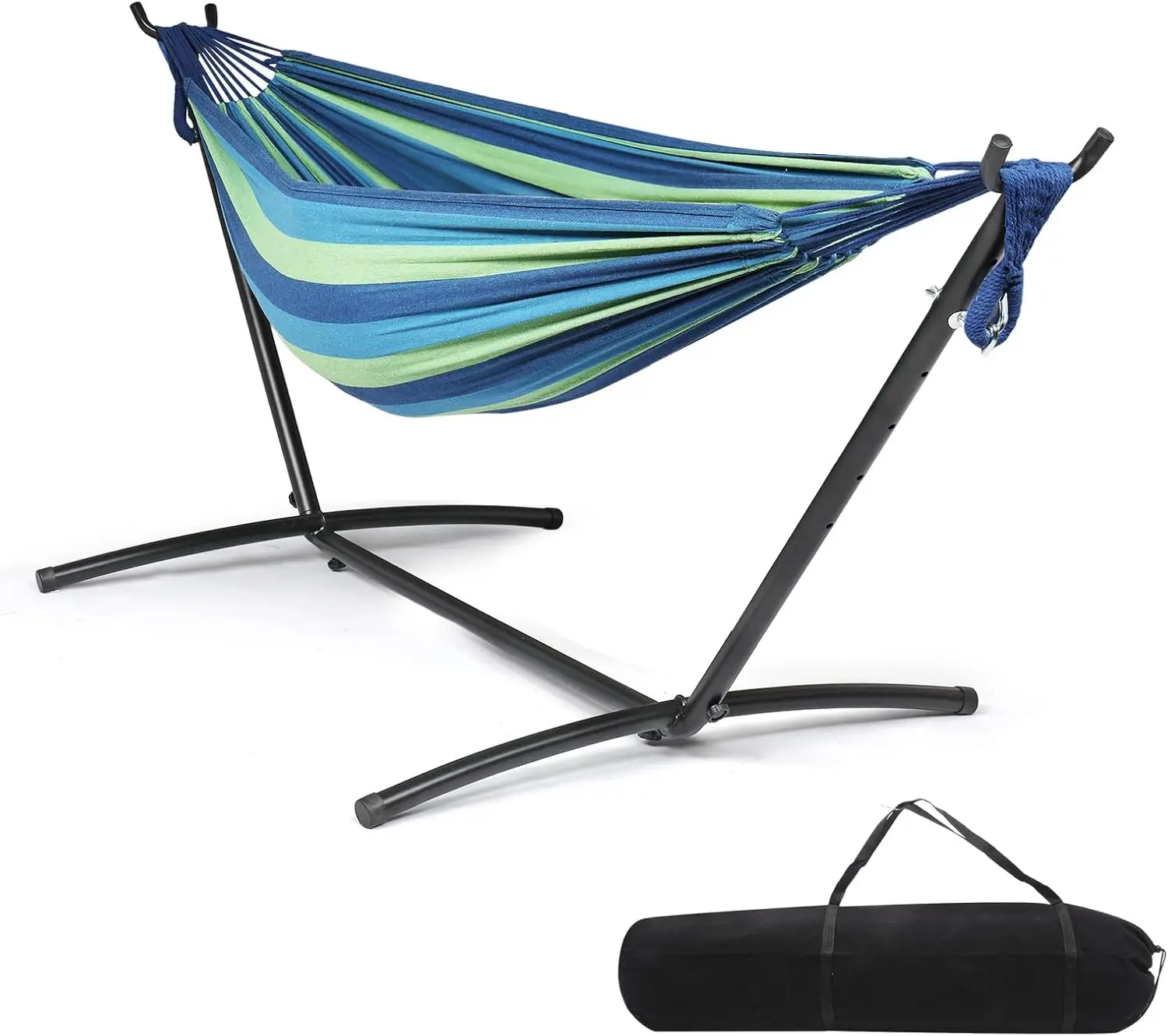 

Heavy Duty 550 LBS Double Hammock with Stand, Portable Carrying Bag, Upgraded 2 Person for Outdoors & Indoors - Blue Green Stripe