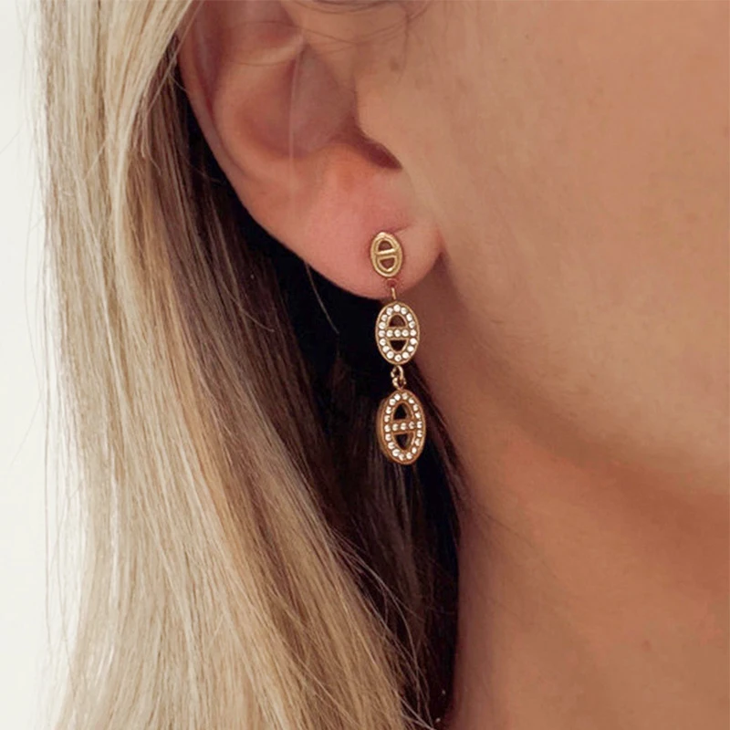 Ars Stainless Steel Triple Pig Nose Drop Earrings for Women 18k Gold Plated Link Earring with Zircon Statement Dangle Earrings