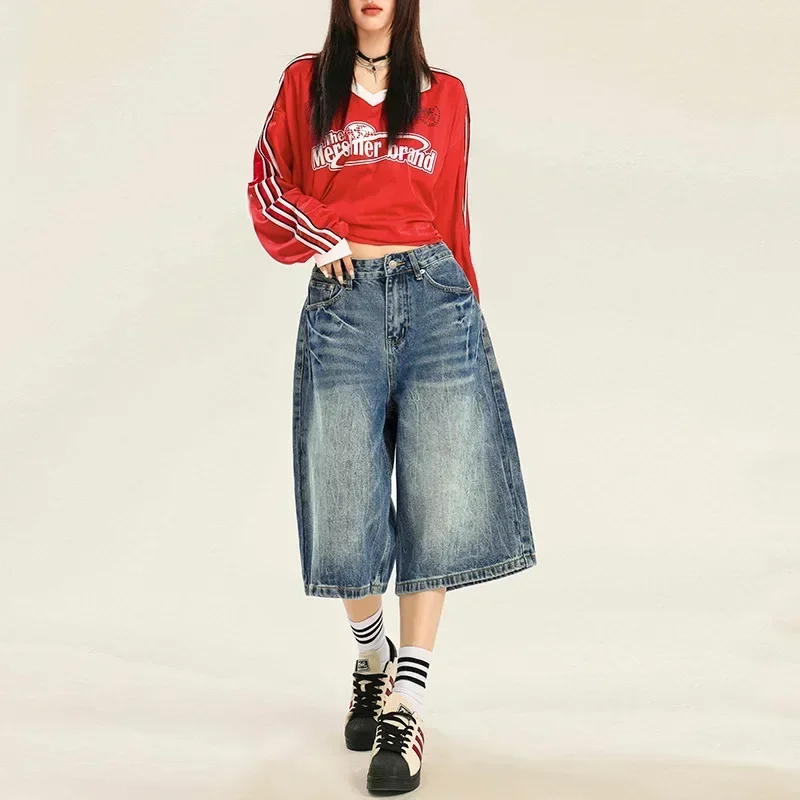 

CASUMANL Brand Women Seven Point Casual Pants American 2024 Autumn New Lightning Texture Washed Jeans for Females Streetwear