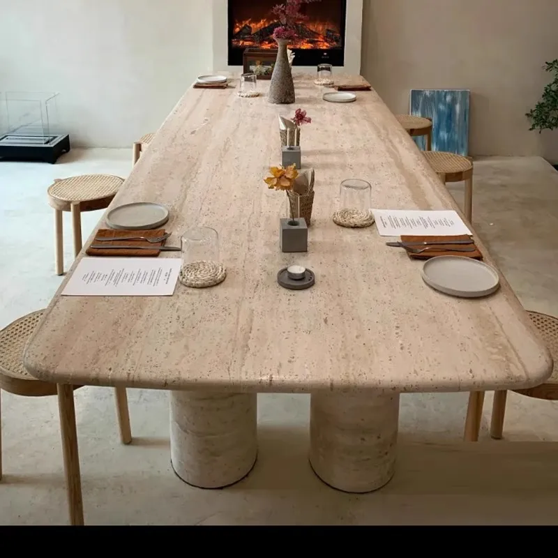 Wabi-sabi natural marble dining table designer rectangular table senior sense travertine stone table villa custom