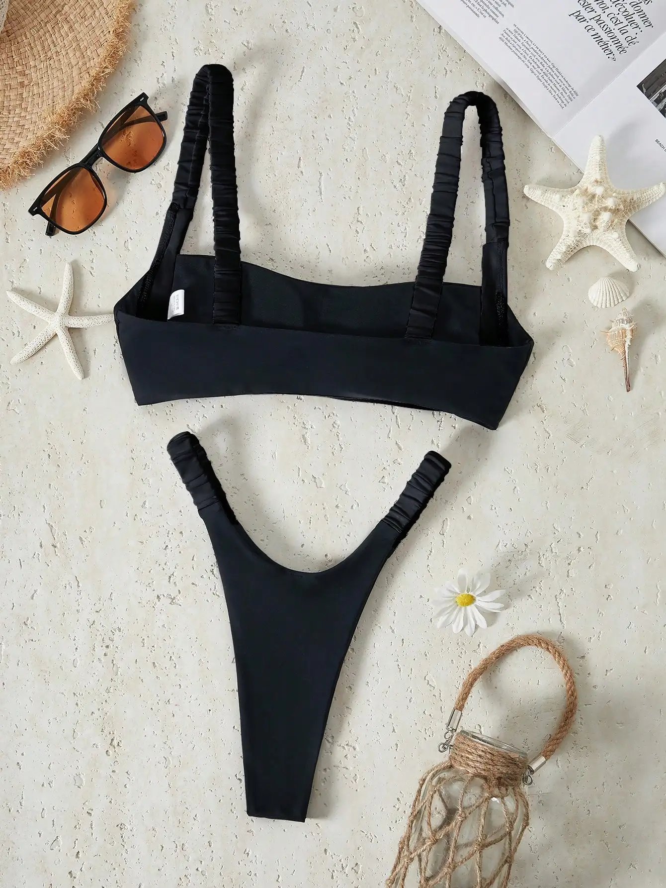 

Однотонный черный комплект бикини с рюшами и бретелями для женщин, пляжная одежда для отпуска