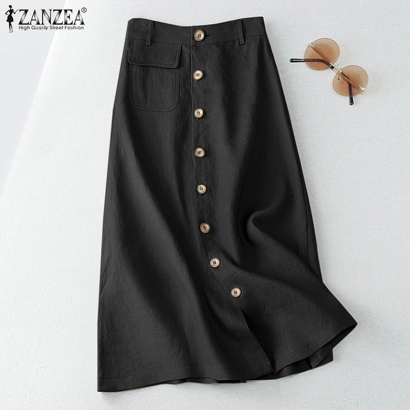 ZANZEA Women's Elegant High Waist Midi Skirts Summer Solid Color Cotton Breathable Thin Commuting Skirt A-Line Saia Evangelicas