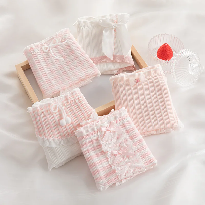 Sweet Bow Lace Border Briefs Small Floral Thread Underwear Women's Pure Cotton Crotch Waist Waist Bag Hip Girl Triangle Pants