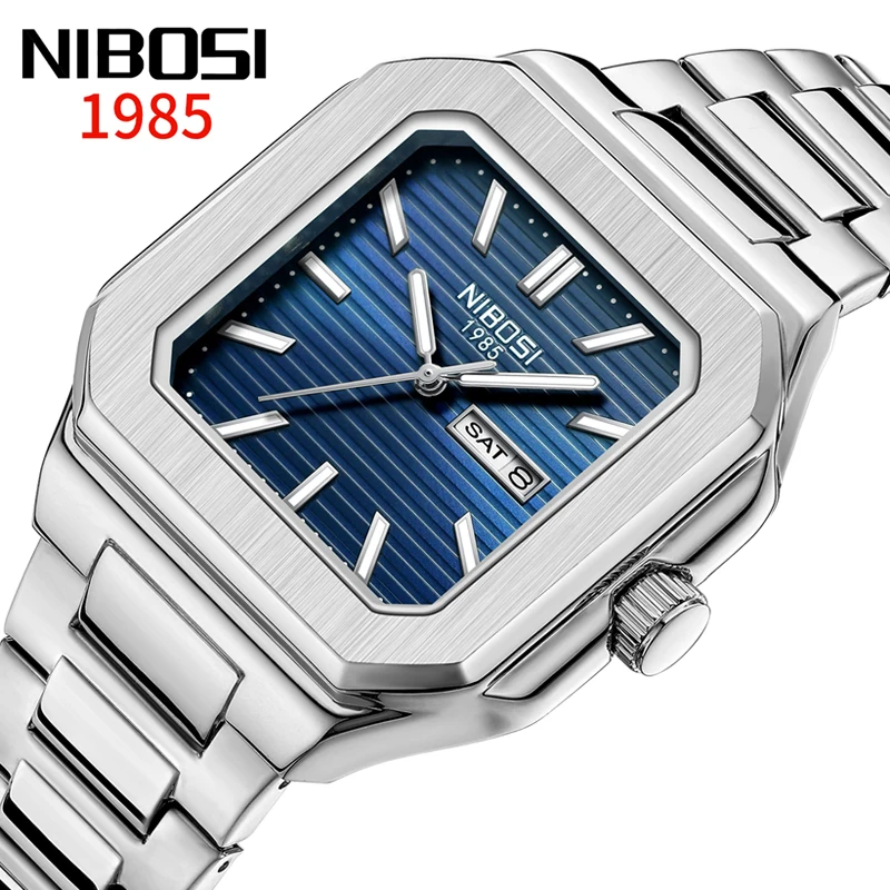 

NIBOSI Роскошные мужские квадратные кварцевые часы из нержавеющей стали, водонепроницаемые светящиеся наручные часы с датой недели, повседневные мужские часы