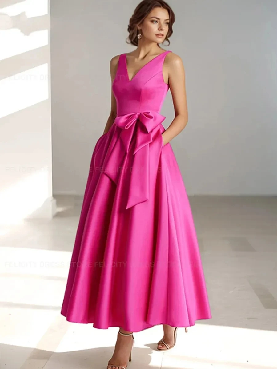 

2025 Elegant Fuchsia Mother of The Bride Dress Bow V-Neck Sleeveless Ankle Length A Line Wedding Guest Party Gowns New