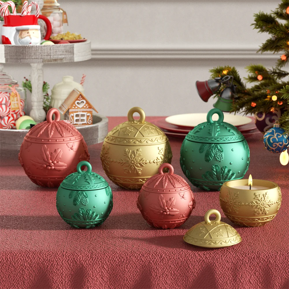 Nicole Christmas Ball Candle Jar Mold with Lid Bauble Light Storage Pot Gypsum and Concrete Silicone Mould Xmas Home Decor