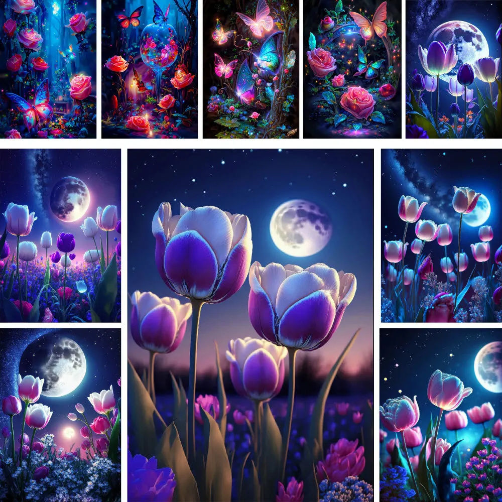 Flowers Tulip Printed Canvas Cross-Stitch Patterns DIY Embroidery Handiwork Needlework Craft Painting For Adults Jewelry Design