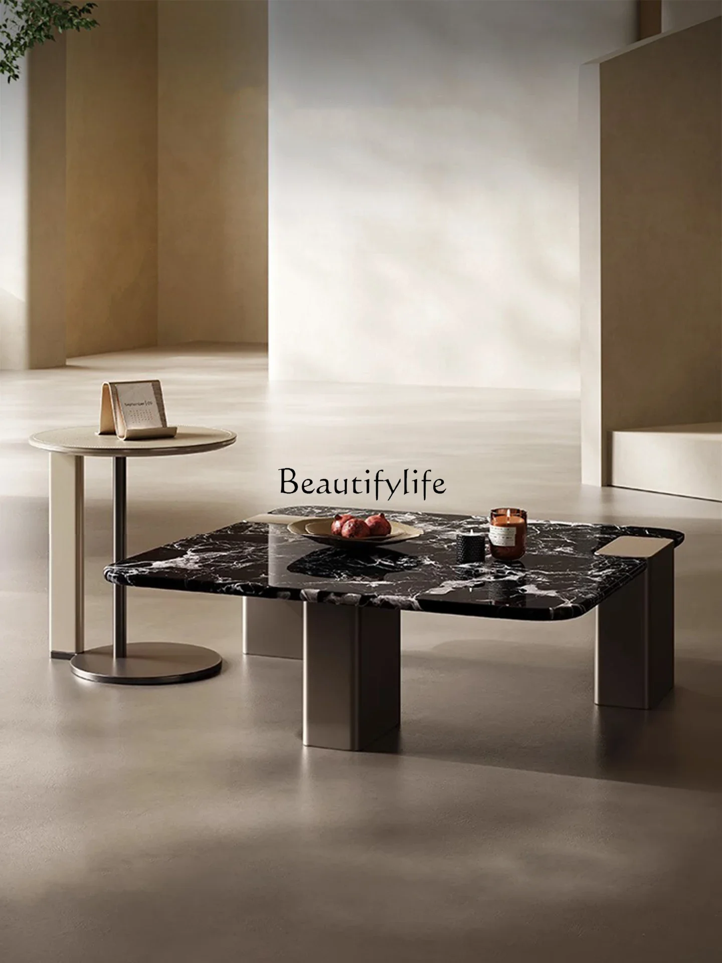 

01Italian minimalist natural marble square coffee table living room stainless steel coffee table