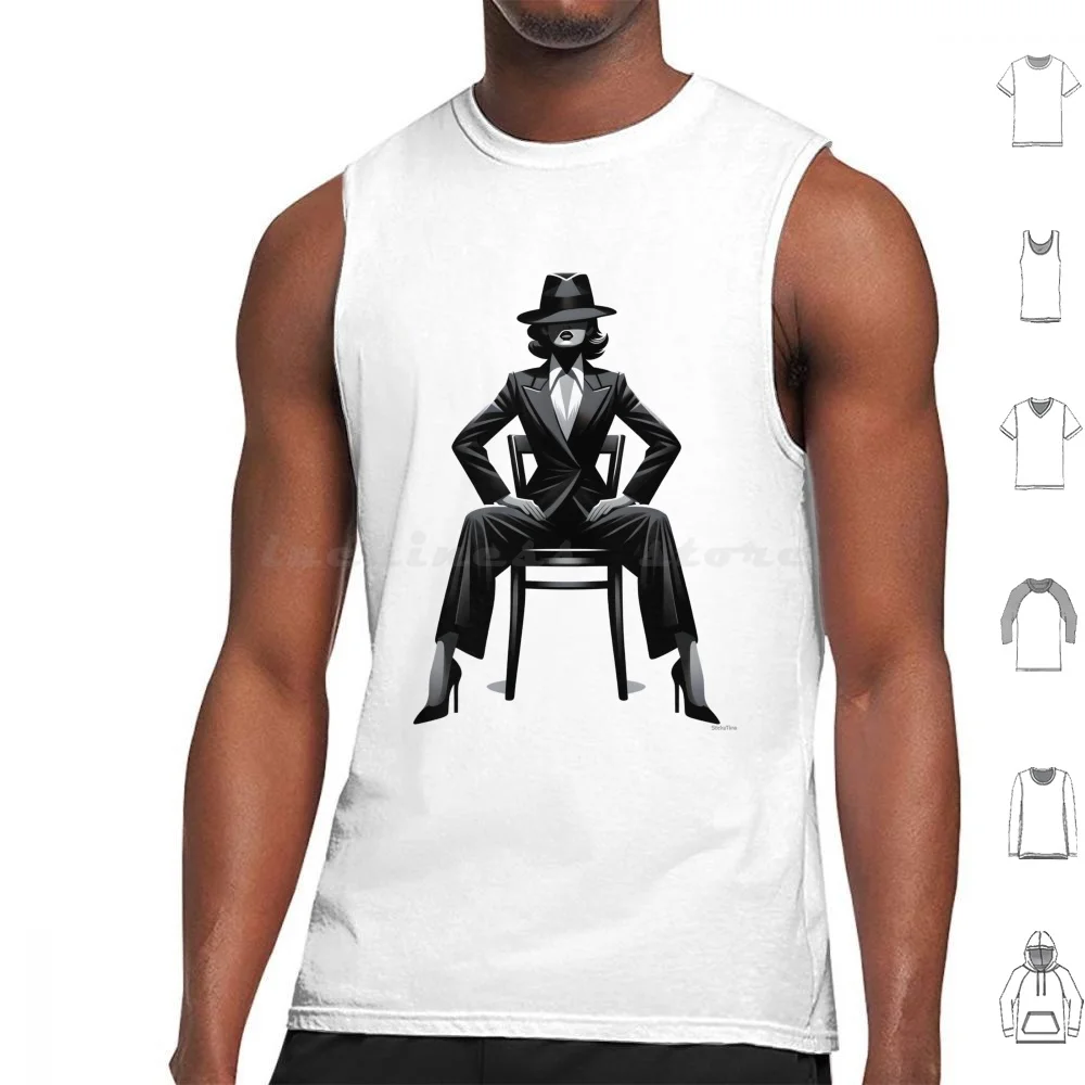

Black And White Ganster Woman Tank Tops Vest Sleeveless Gangster Woman Lady Mobster 70S Classic Money Fedora Suit Heels