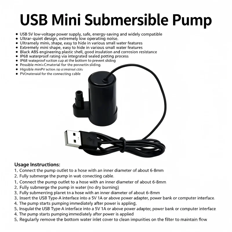 USB Mini Submersible Water Pump DC 3-5V Ultra Quiet Brushless Motor for Aquarium Fish Tank Pond Fountain Hydroponics Garden Wate