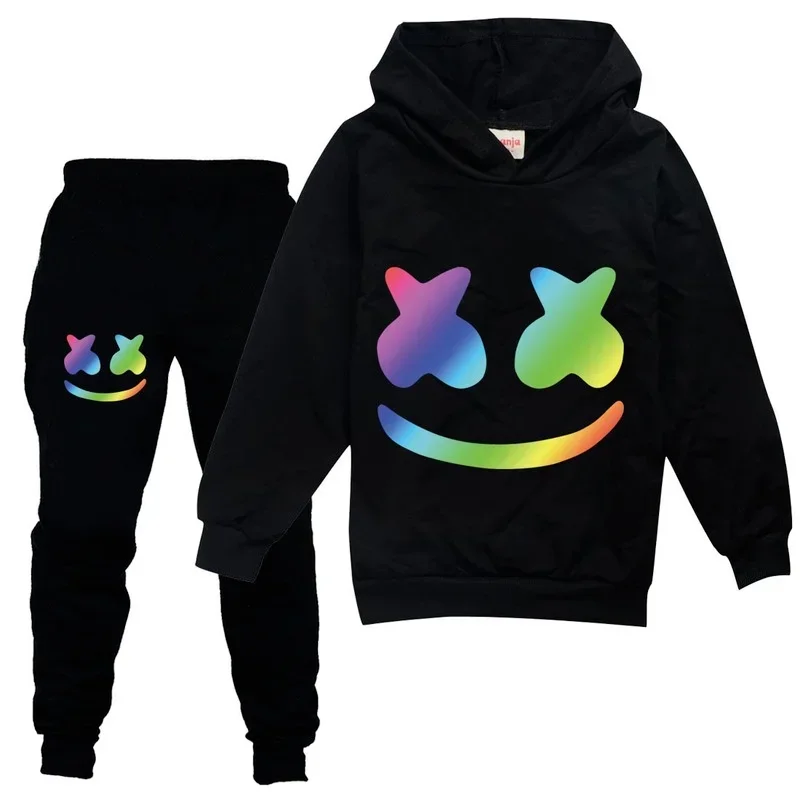 DJ Marshmello Stagione primaverile Autunno Set di abbigliamento Felpe con cappuccio e pantaloni per bambini Tuta da bambino per ragazzi Ragazze adolescenti Abiti casual MN1