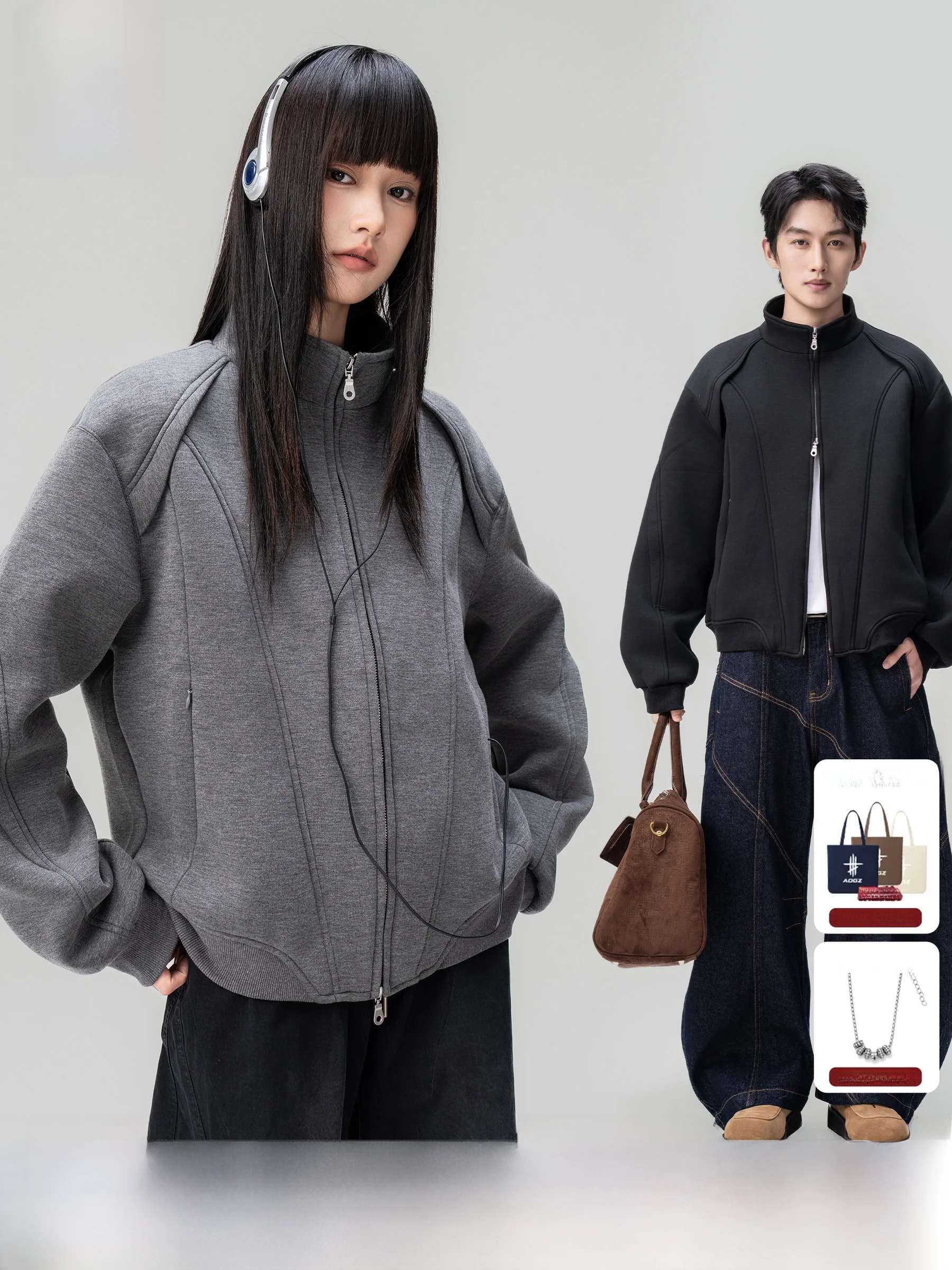 American Style Splice Air Layer Open Cardigan Sweatshirt Jacket Men Women Spring New Trend Brand Stand Collar Slightly Loose ...