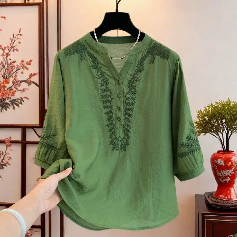 

Новая весенне-осенняя рубашка со средним рукавом, женская футболка с вышивкой на голову, летняя стильная тонкая свободная рубашка, женский топ