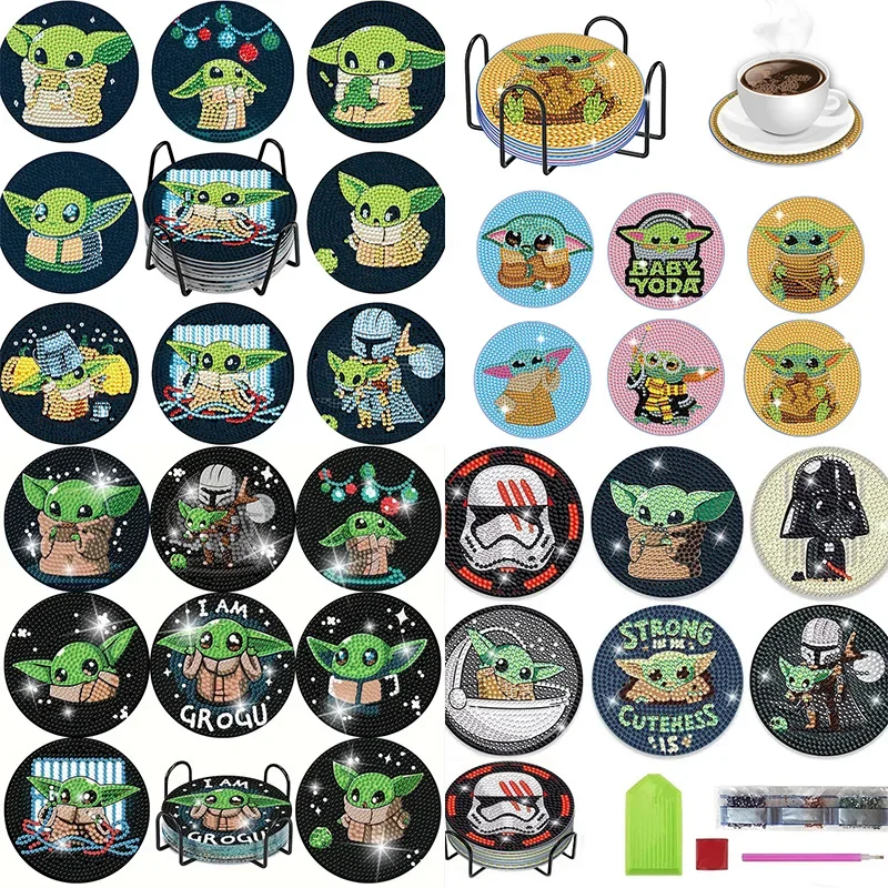 

8pcs Disney Cartoon DIY Diamond Coaster Handmade Dining Table Kitchen Insulation Pad Cute Yoda Crystal Diamond Birthday Gift