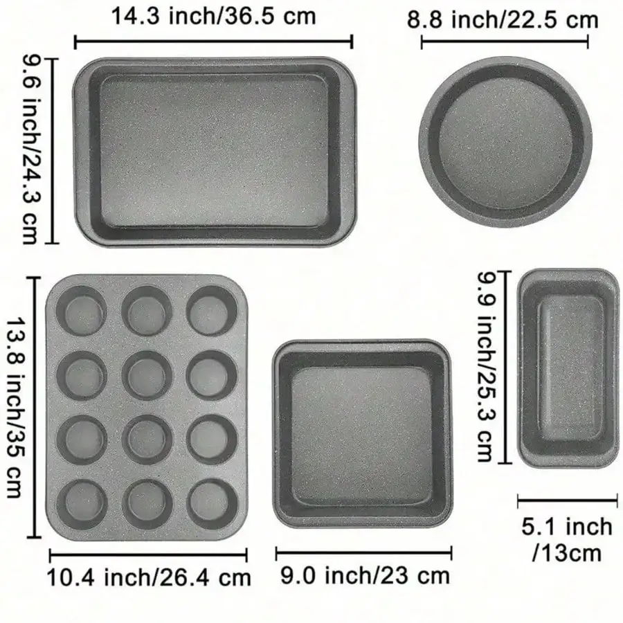 5/10 Piece Bakeware Set, Non-Stick Kitchen Bakeware, Carbon Steel, Including Baking Accessories (Cookie Sheet, Cake Pan, Bread Pan, Muffin Pan, Pizza Pan) - Gray Sprinkles