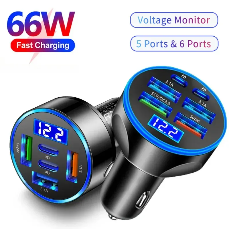 66W 5/6Port USB Car Charger Fast Charge Digital Display Monitoring Chargers For IPhone Samsung Xiaomi Cigarette Lighter Adapter