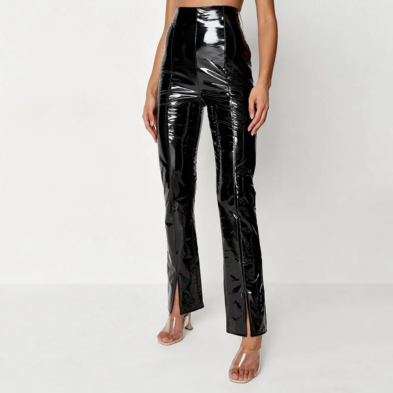 Women Shiny PVC Leather Straight-leg Pants Office Lady High Waist Faux Patent Leather Pants Split Hem Stretch Trousers Custom