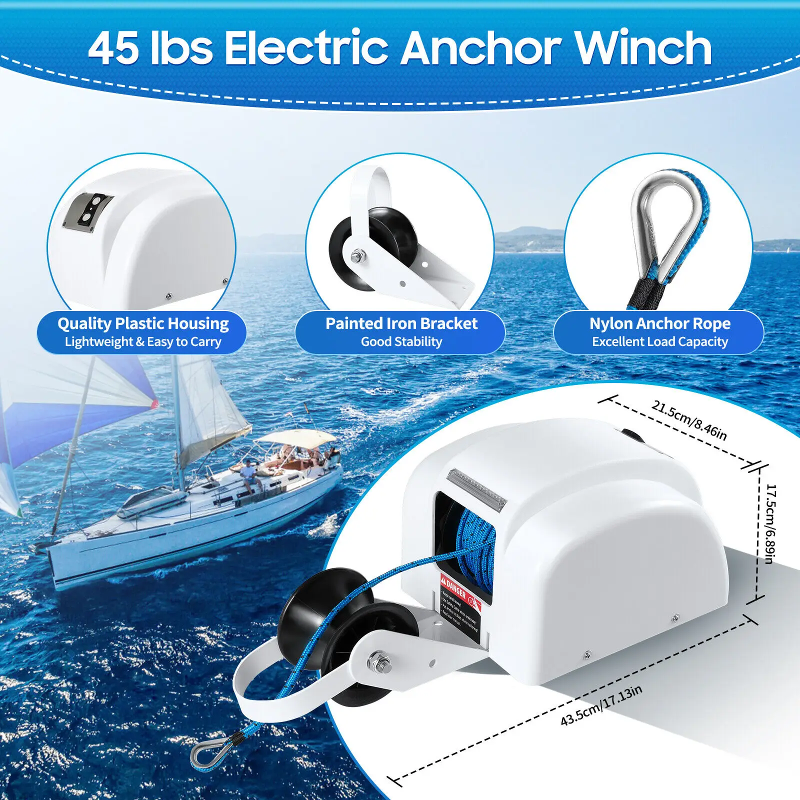 45 LBS Free Fall Saltwater Marine Boat Electric Anchor Winch W/ Wireless Remote