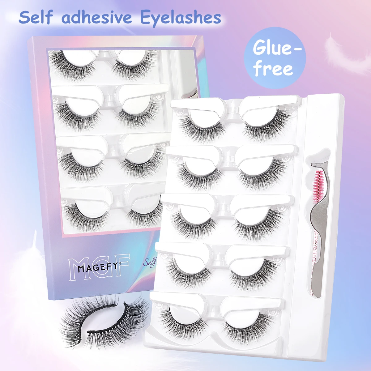 MAGEFY 5 pares de pestañas postizas con pinzas, cepillo para rímel, sin pegamento, 7-15mm, pestañas de ojos de gato, pestañas de Manga rizadas naturales, belleza