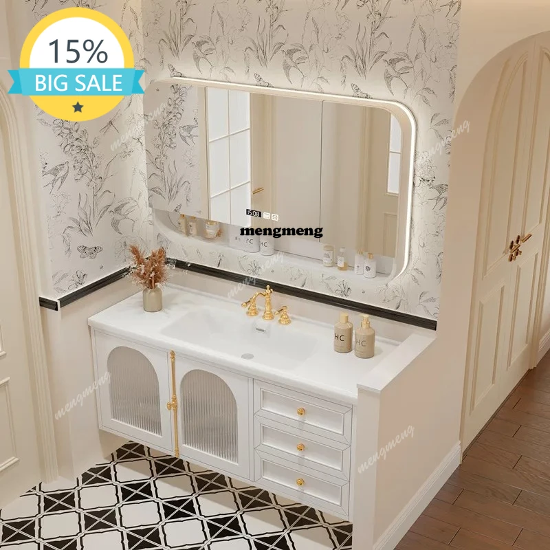 

L07 Французский кремовый ветер Шкаф для ванной комнаты Встроенная раковина Керамическая раковина Комбинированный туалет Стол для мытья рук Американский банный столик из цельного дерева