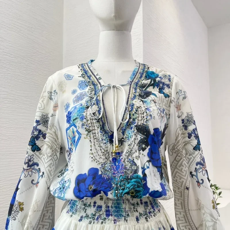 Mini vestido plisado de manga larga con estampado de flores para mujer, cuello en V profundo, diamantes, blanco, azul, vacaciones, recién llegados, 2024