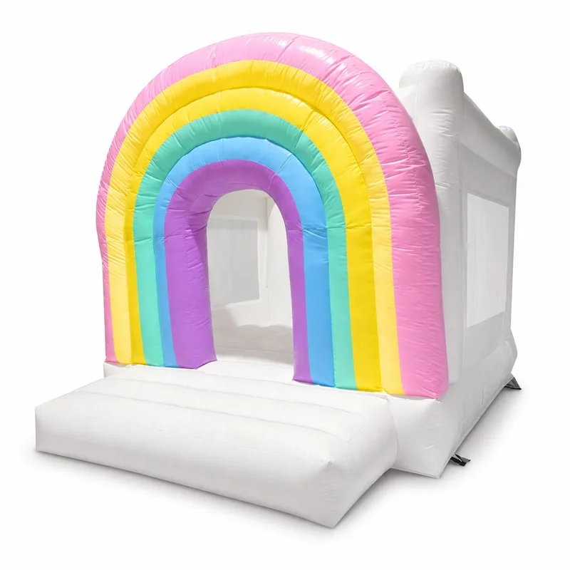 Commercial Pastel Rainbow Wedding Bounce House with White Clouds Inflatable Bouncy Castle for Parties Events and Rental Business
