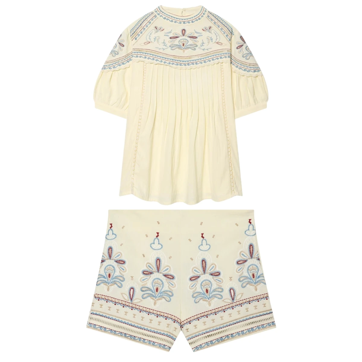 round Neck Short Sleeve Embroidered Shirt High Waist Zipper Style Shorts Color Block Spring Fashion Women's Two-Piece Set