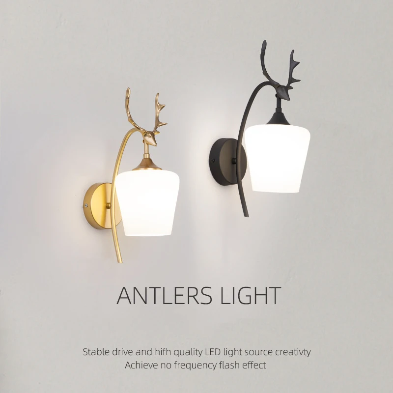 

LED wrought iron glass wall lamp Bedside lamp American antler home bedroom living room background wall light corridor light
