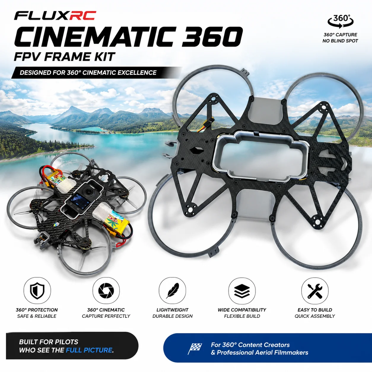 

FLUXRC Cinematic 360 FPV Frame Wheelbase 215mm T700 Carbon Fiber Outdoor Cinewhoop Cinematic Shooting Freestyle Frame Kit